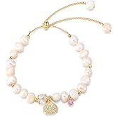 Natural Pearls Bracelet for Women with Shell Pendant, Freshwater Dainty Pearl Bracelet with Adjustable Chain Jewelry Gif for Mom Teens Her (Sterling Silver Gold Plated)