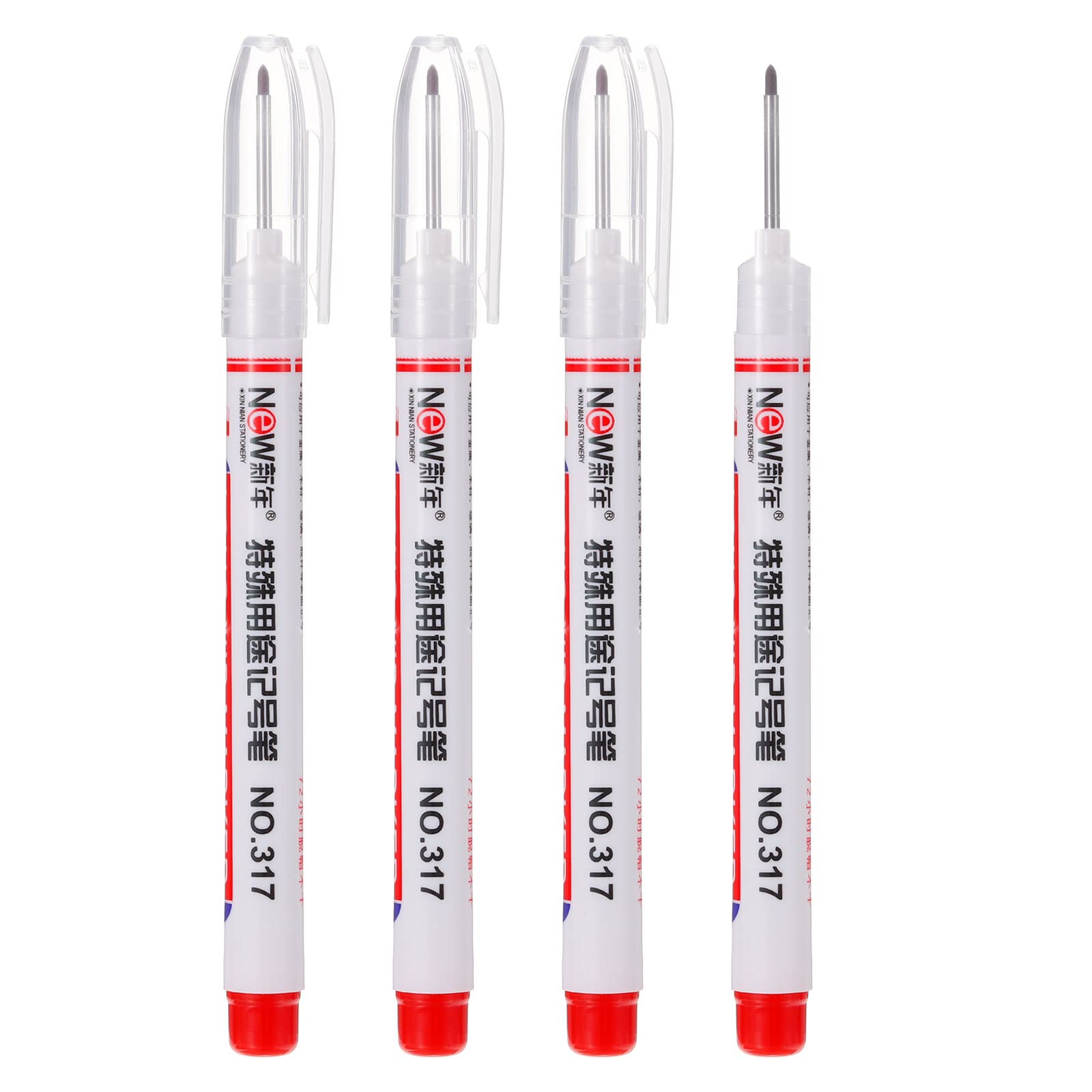 PATIKIL Deep Hole Marker Pens, 4 Pack Red Ink Deep Drill Hole Long Nose Scriber Carpenter Pen for Construction Woodworking, White