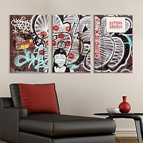 3 Panel Canvas Wall Art - Triptych Street Graffiti Series - Chinese Masked Girl - Giclee Print Gallery Wrap Modern Home Art Ready to Hang - 16"x24" x 3 Panels