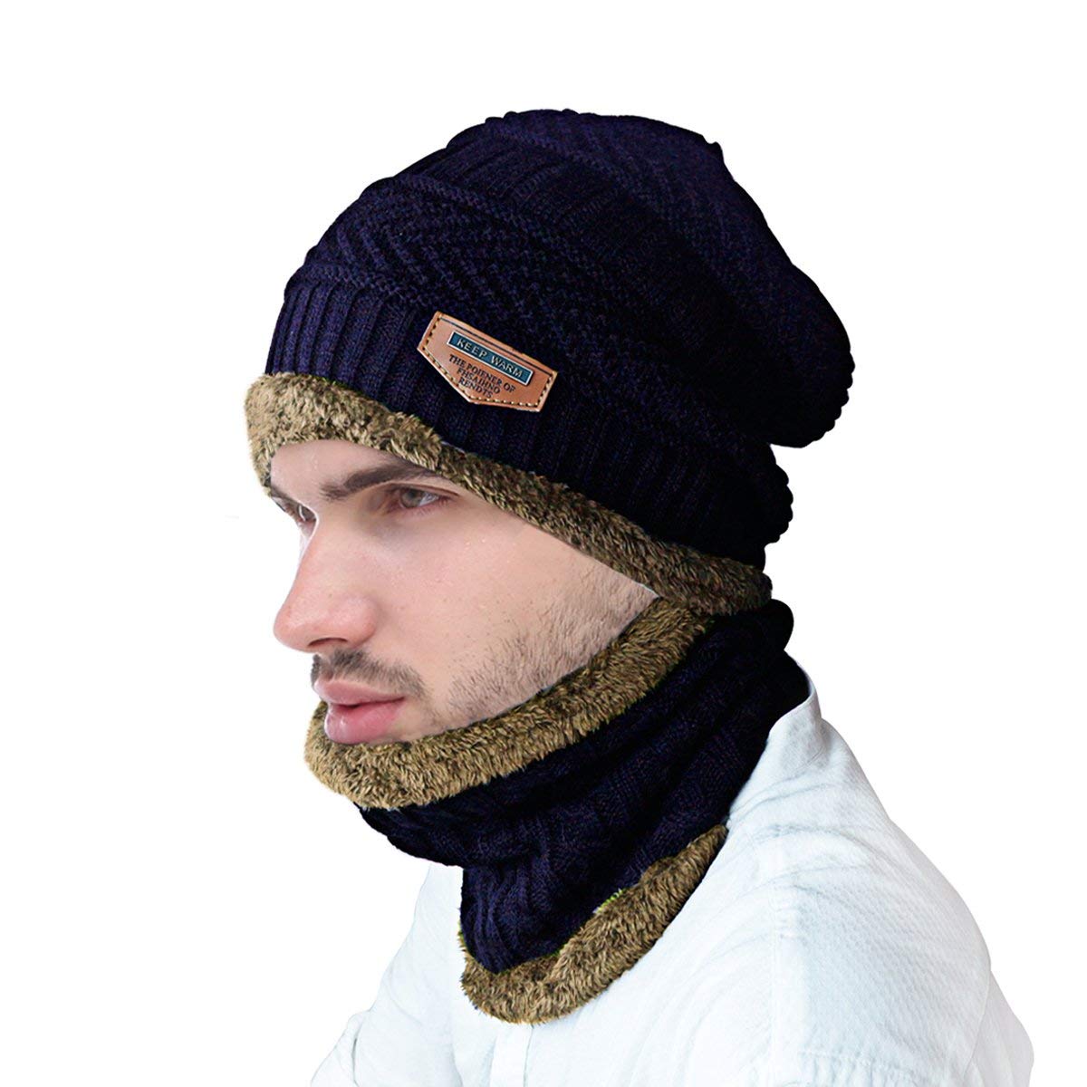 JUSTIME Warm Knitted Hat and Circle Scarf Skiing Hat Outdoor Sports Hat Sets (Navy Blue Hat+Scarf)