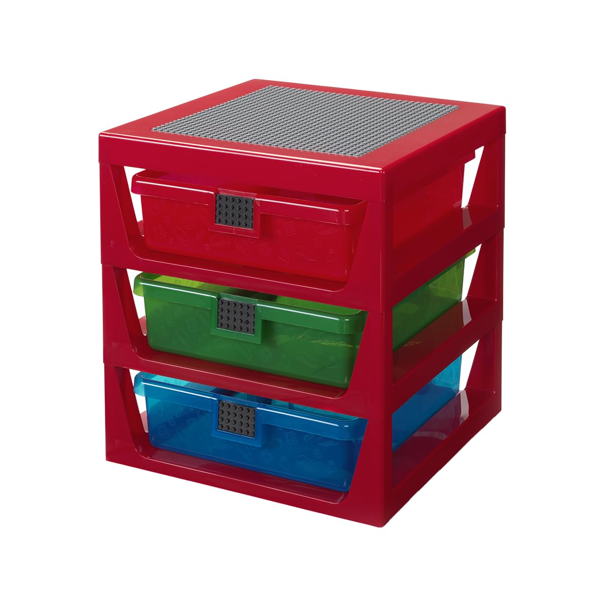 LEGO 3-Drawer Storage Rack Red - Customizable Toy Storage Unit with Removable Drawers and Building Station for Kids' Desk Organiser or Bedside Table