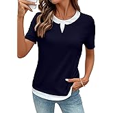 SHEWIN Womens Tops Casual Crewneck Color Block Short Sleeve Mock Double Layer T-Shirt Summer Outfits for Women 2026