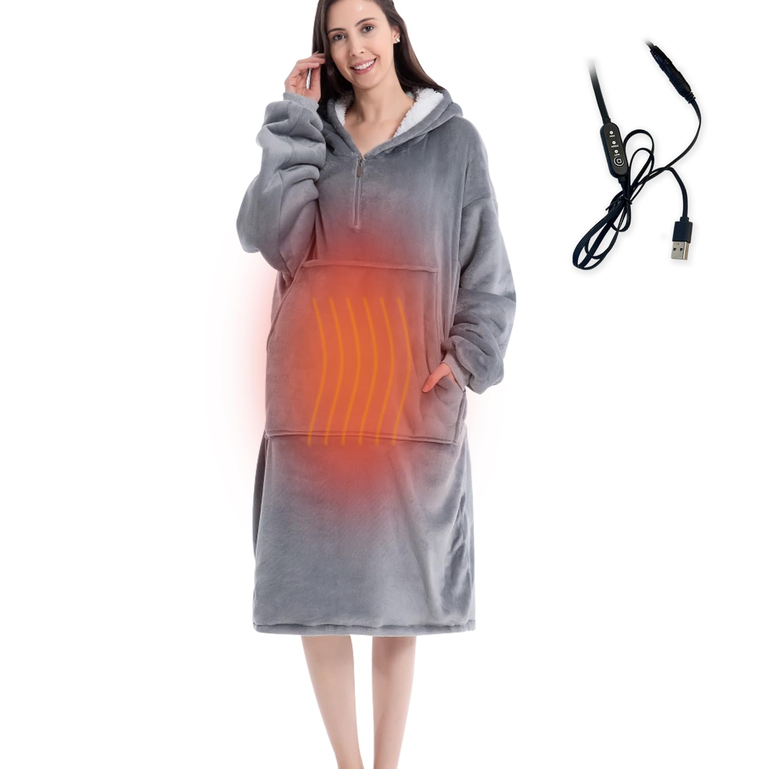 USB Heated Wearable Blanket Electric Hooded Blanket with 3 Heating Levels, Warm Cozy Flannel Long Oversized Hoodie Unisex Sweatshirt, Gray, Controller with Cable