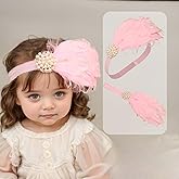 Kenjudess Stretchy Baby Girls Feather Headband Pearl Beads Fabric Flower Elastic Toddler HairBands Birthday Party Princess Hair Accessoties for Newborn Infant (Pink B, Standard Small)