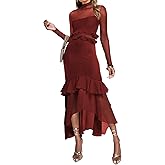 SEBOWEL Women's Long Sleeve Maxi Dress Ruched Bodycon Formal Cocktail Dress for Wedding Guest Evening Dresses for Women