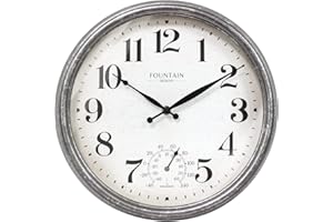 Fountain Designs 13" Maison in/Outdoor Clock with Thermometer, 2 in One Weather Station - Galvanized Finish (Weather Thermometer/Wall Decoration)