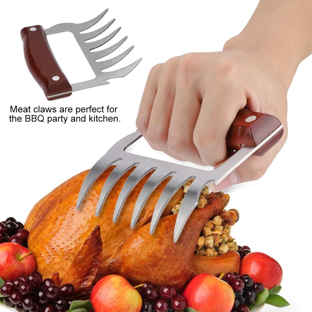 Stainless Steel Barbecue Claws Pulled Fork Meat Shredder Cave Cut Tools with Wooden Handle for