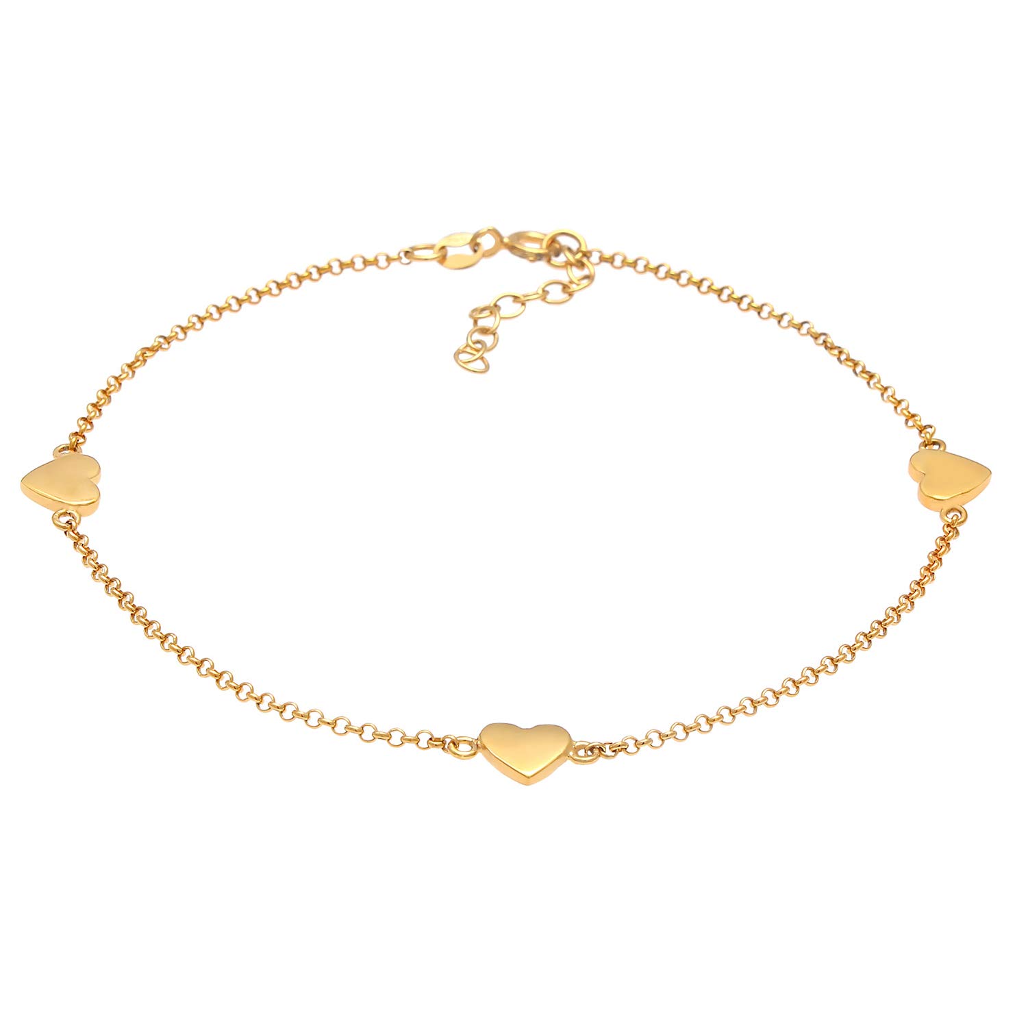 Anklet Silver Plated with 3 Heart Pendants, Golden Women's Heart Ankle Bracelet Adjustable for Women and Girls, Foot Jewellery Length 23-27 cm, 925 Sterling Silver