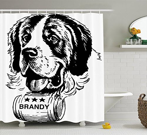 Man Cave Decor Shower Curtain by, Sketch of Saint Bernard Rolling a Keg of Brandy Whiskey Stars Retro, Fabric Bathroom Decor Set with Hooks, 75 Inches Long, Black and White