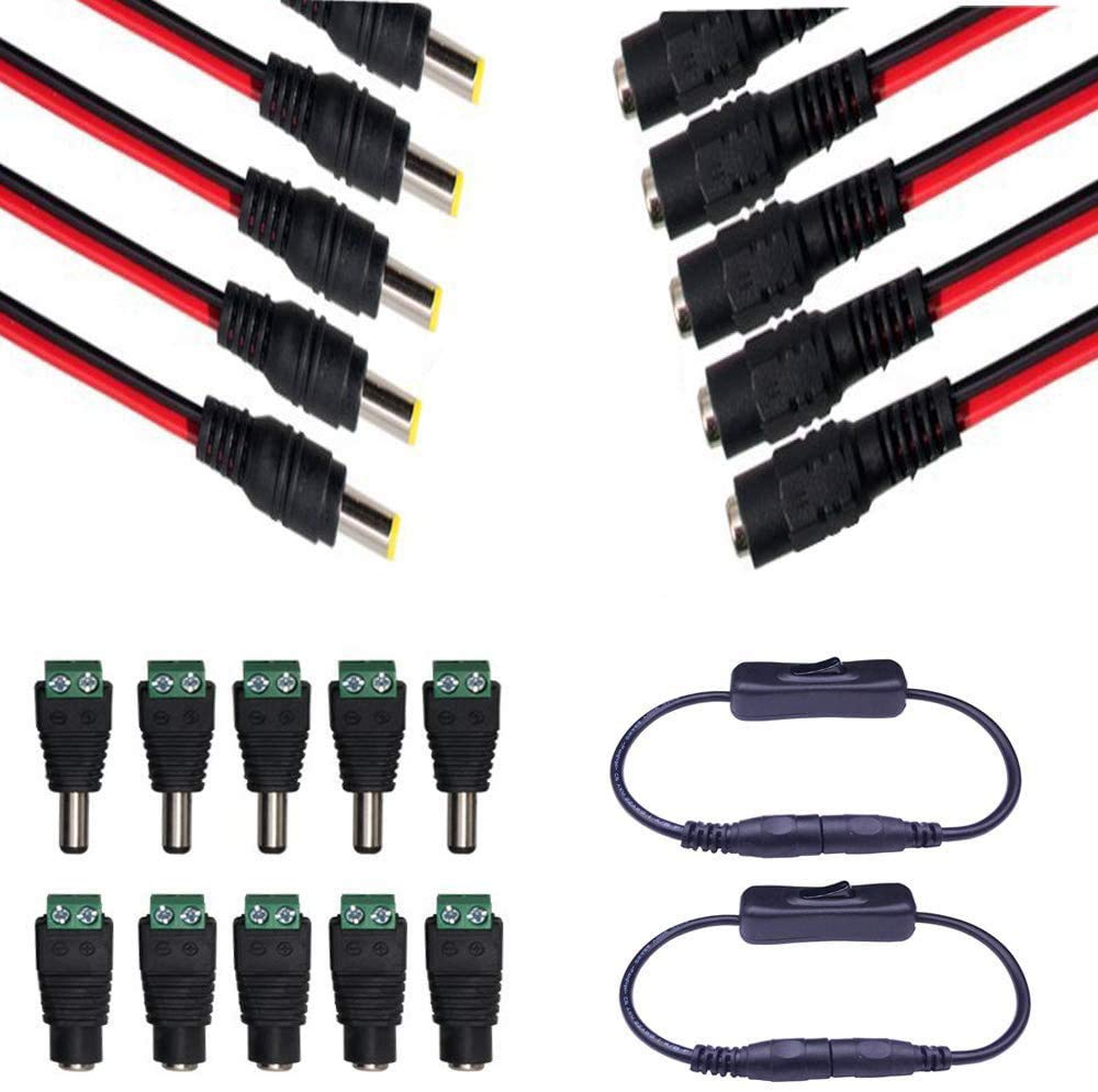 RUNCCI-YUN 5 Pair 5.5mm x 2.1mm DC Power Pigtail Cable,5 Pair 5.5mm x 2.1mm 12V DC Power Male & Female Jack + Inline On/Off 5.5x2.1mm for CCTV Home Security Surveillance Camera Transmission Systems