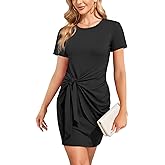 Lamilus Women's Fall Long Sleeve Casual Crewneck Bodycon Ruched Tie Waist Short Mini T-Shirt Dress
