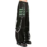 Kodaruber Women Vintage Goth Hip Hop Jeans Punk High Waisted Baggy Bootcut Jeans Strap Chain Striped Wide Leg Denim Pants