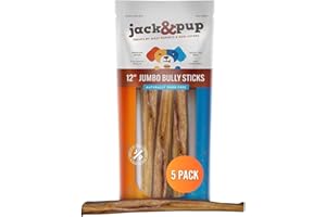 Jack&Pup 12 Inch Jumbo Bully Sticks for Dogs (5 Pack) Single Ingredient Dog Bully Sticks for Large Dogs and Aggressive Chewers