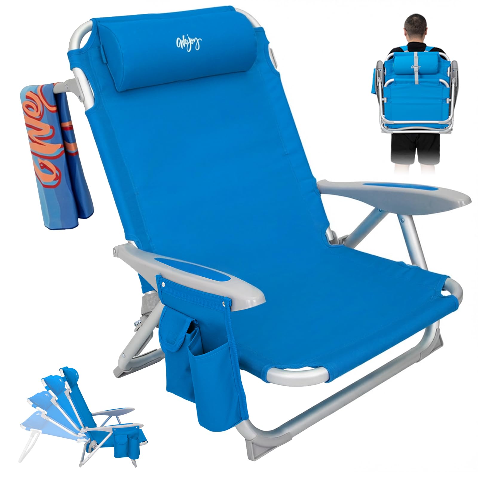 Photo 1 of #WEJOY Beach Chair for Adults, Reclining Adjustable Position, Lay Flat Lightweight Folding Portable Aluminum Chair with Backpack Straps,Padded headrest, Heavy Duty 400 lbs Lawn Chair for Beach, Sand