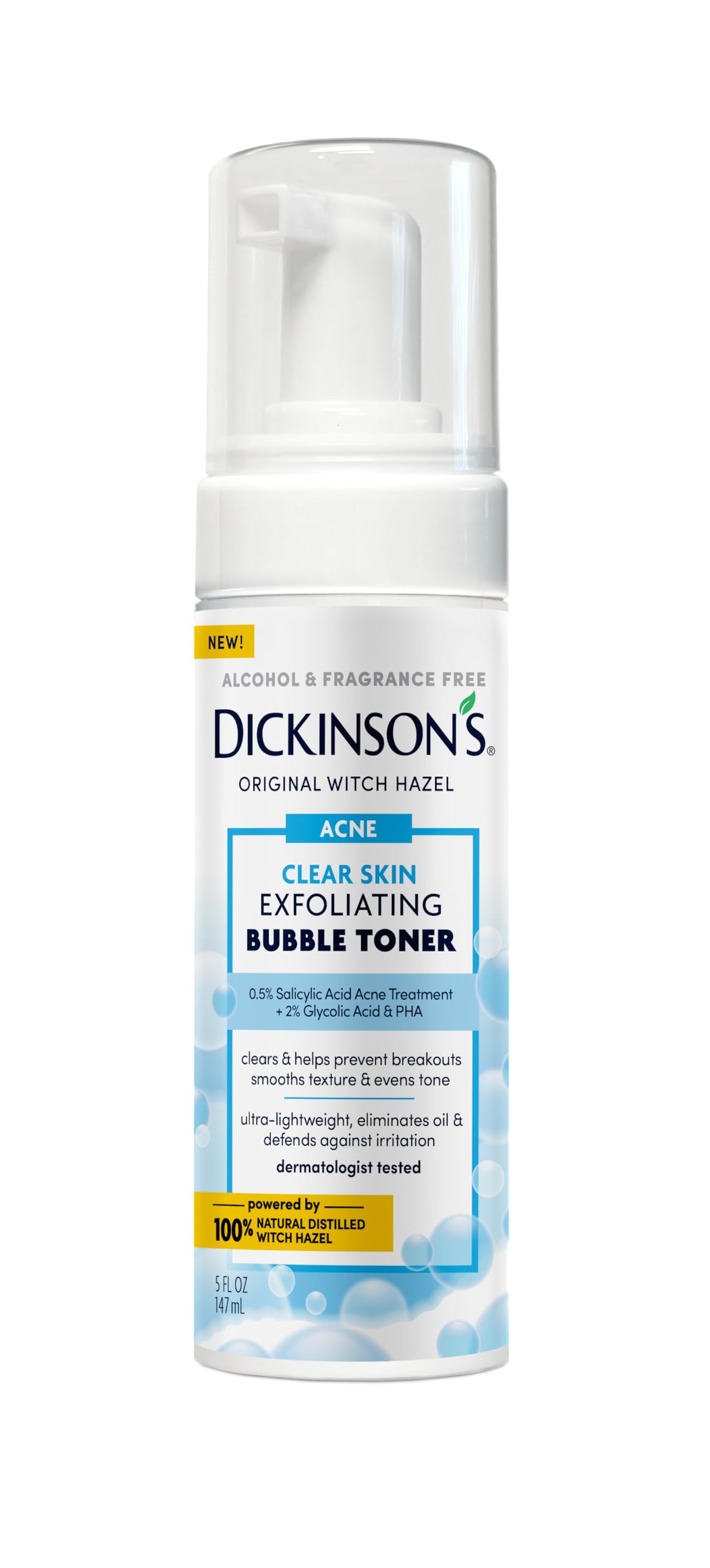 Dickinson’s Witch Hazel Exfoliating Bubble Toner with 0.5% Salicylic Acid, Glycolic Acid & Niacinamide | Clears Pores, Smooths Texture, Brightens Skin | Alcohol-Free, Fragrance-Free | 5 Fl Oz