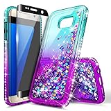 Galaxy S7 Edge Case, NageBee Glitter Liquid Bling Floating Quicksand Waterfall Sparkle Diamond Women Kids Girls Cute Case w/[Full Cover Soft Screen Protector] for Samsung Galaxy S7 Edge -Aqua/Purple