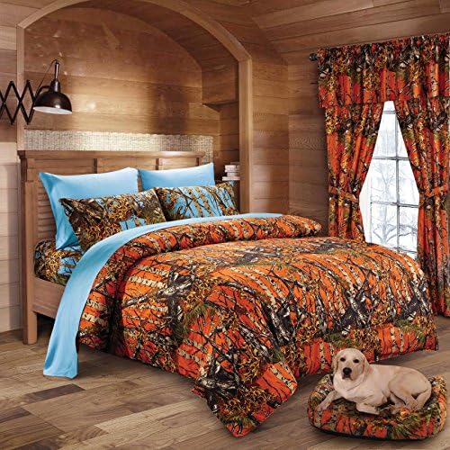 20 Lakes Hunter Camo Comforter, Sheet, Pillowcase Set (Cal King, Orange & Powder Blue)