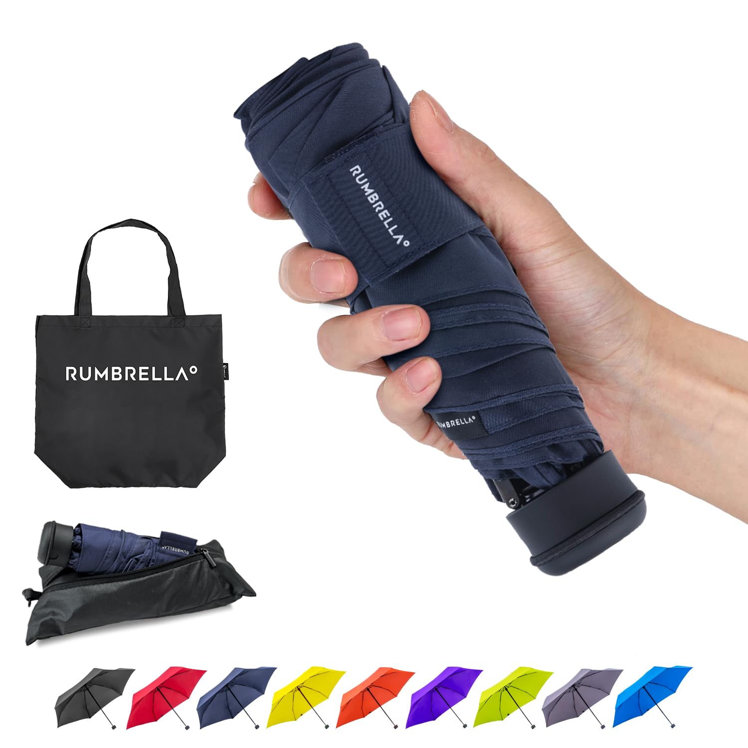 RUMBRELLA 43in Mini Travel Umbrella, UV Pocket Umbrella, Portable Compact Folding Umbrella, Small Light-Weight Waterproof Brolly, Rain and Sun Umbrellas （Navy Blue）