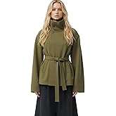 Lomehue Women Cropped Trench Coat Funnel Neck Wool Jackets Oversized Belted Pea Coats Fall Winter Trendy Casual Outfits 2025