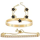 QZATZOC 3Pcs Bracelet Set – Upgraded Rainbow Sparkle Tennis, Crystal Center Elegant Flower, Refreshed Modern Shine Bangle for Women,18K Gold Plated Stackable