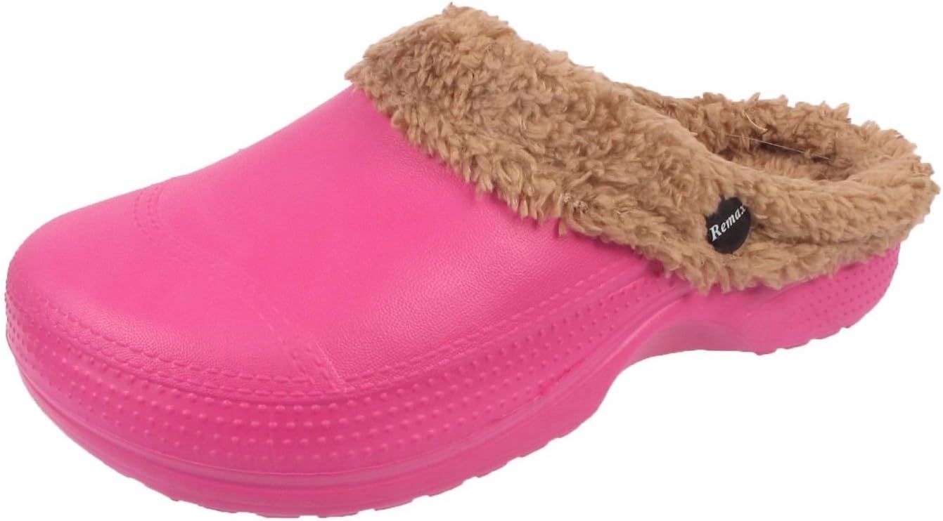 Stylozuk Womens Ladies Winter Warm Fur Lined Clogs Casual Garden Kitchen Work Mules Shoes (UK 5 / EU 38 / US 7, Fuschia)