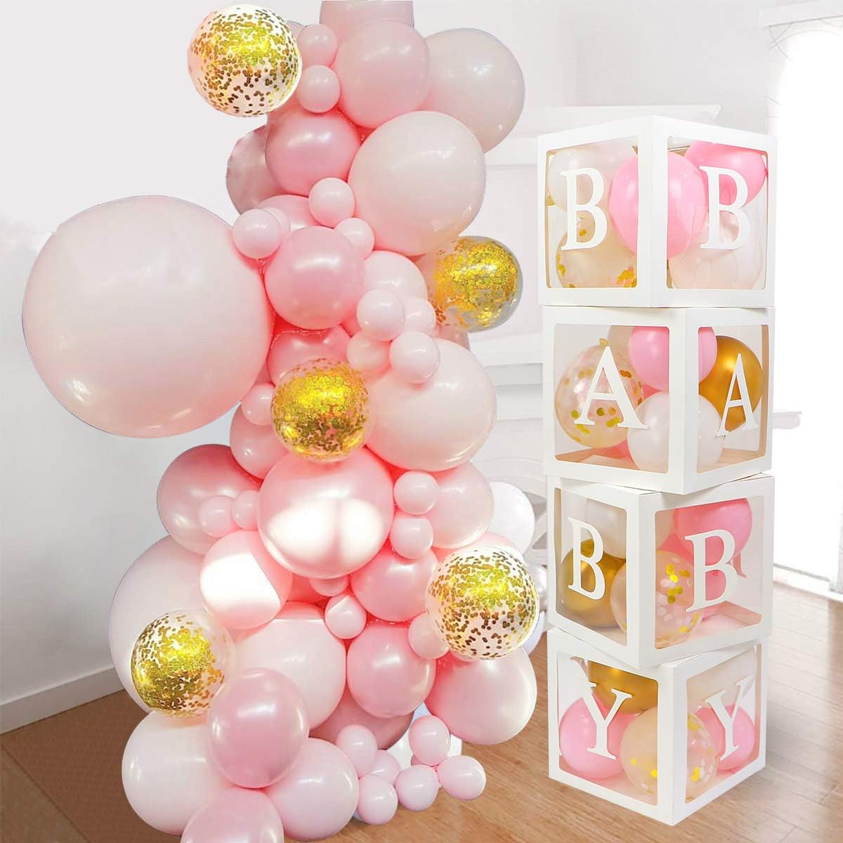 pink white and gold decorations for baby shower