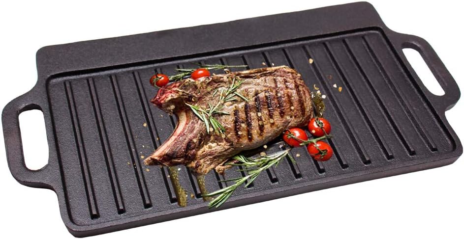 Cast Iron Griddle Pan for Gas Hob, Griddle Plate Double Sided, Black, 40 x 20.5 cm