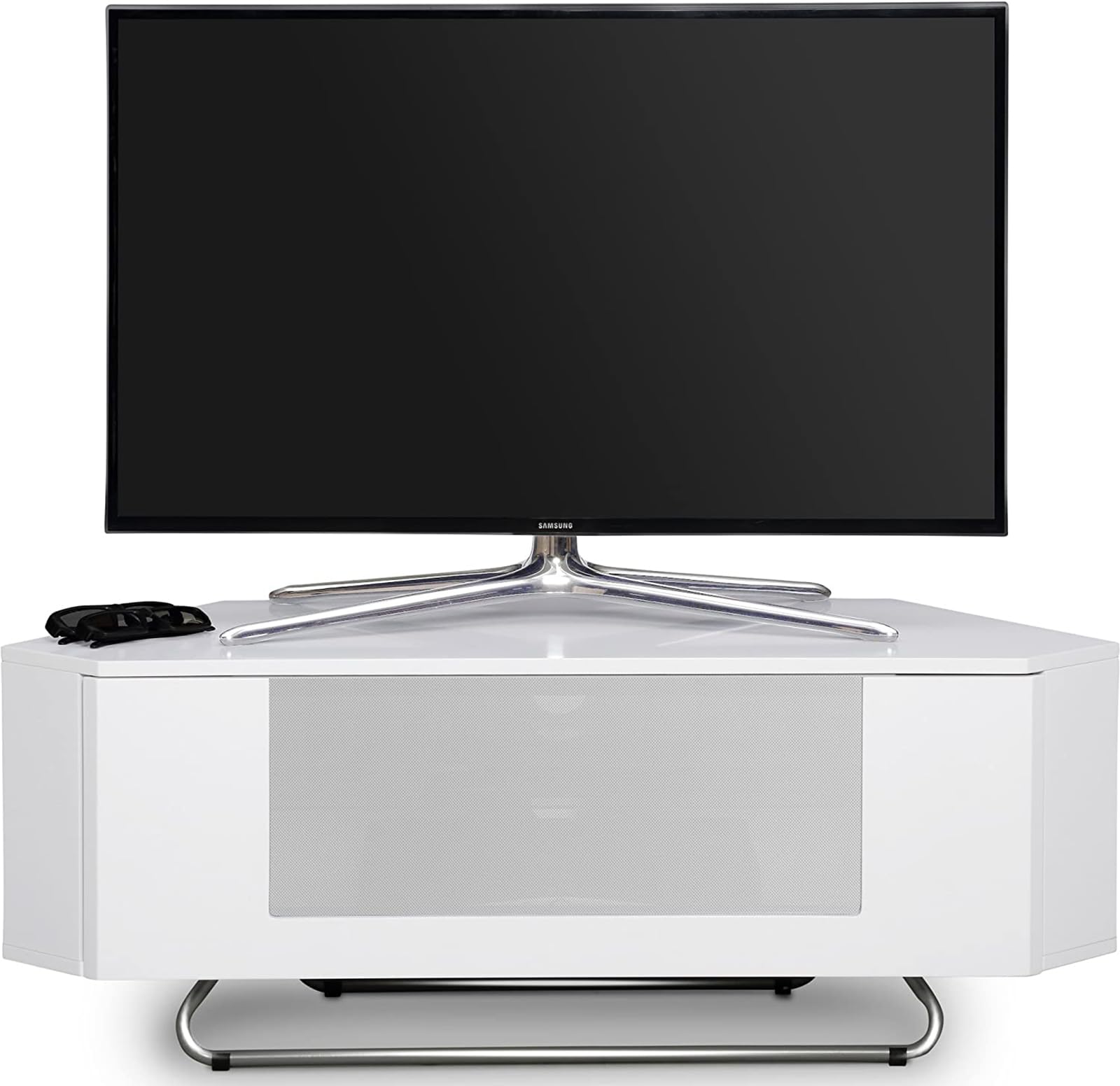 Homeology Hampshire Corner-Friendly Gloss White with White Glass Beam-Thru Remote Friendly Door 26"-50" Flat Screen TV Cabinet