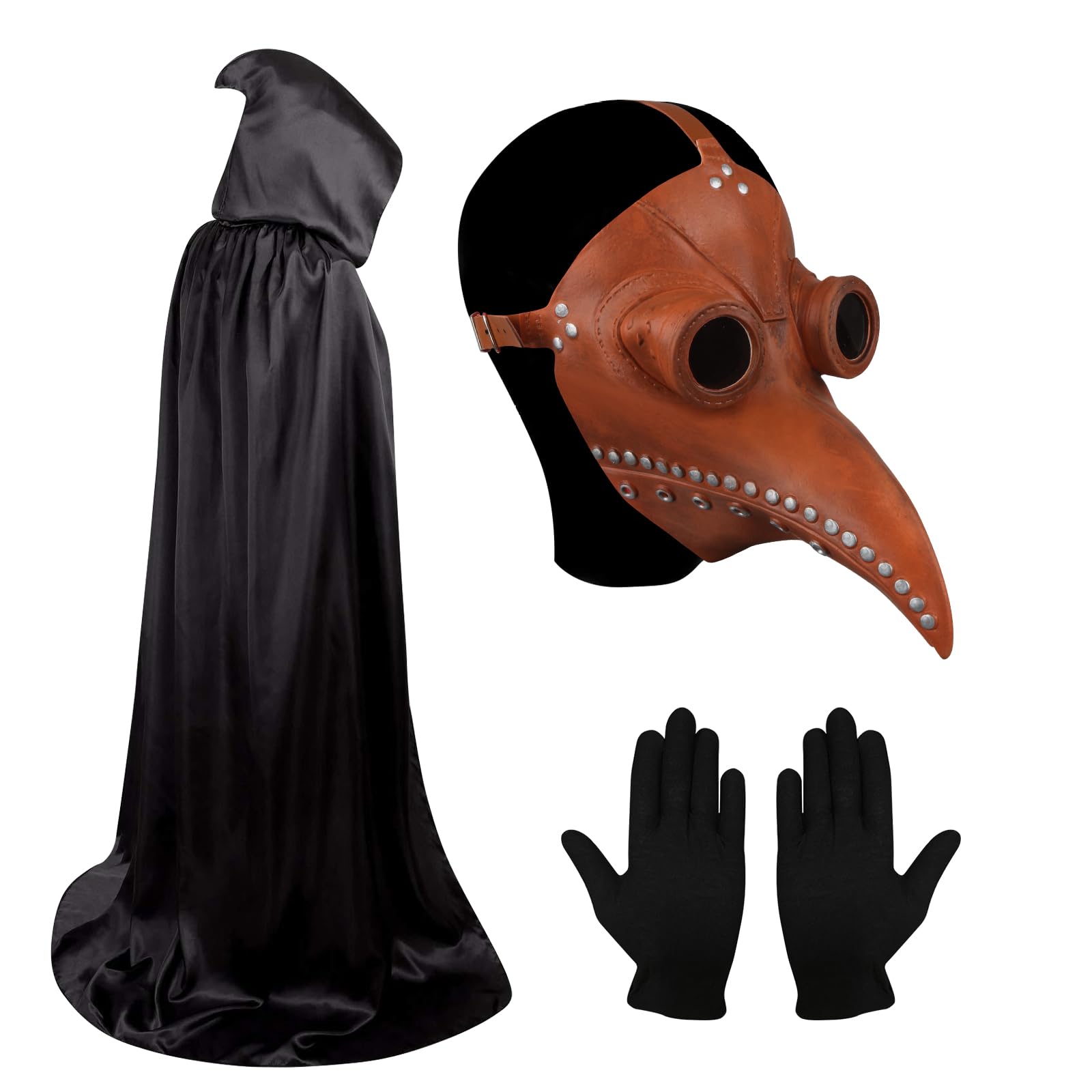 Halloween Plague Doctor Bird Beak Mask - Gothic Costume with Black Hooded Cloak and Gloves
