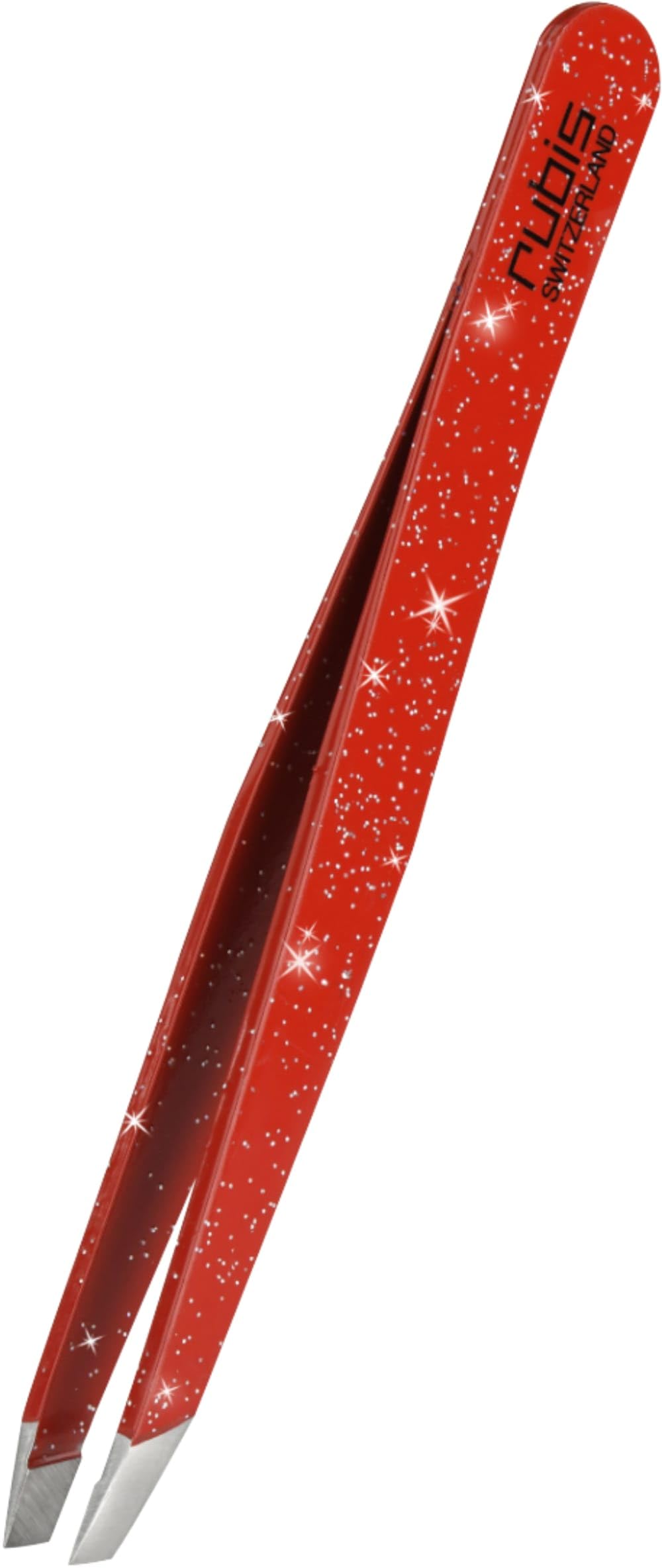 Rubis Switzerland Tweezers Slanted - Red Glitter - Professional Slant Plucking Tweezers for Eyebrow Shaping and Hair Removal