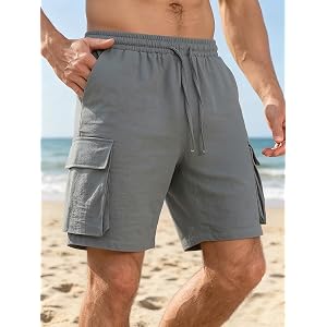 Men's Flat Front Shorts, Casual Elastic Waist Drawstring Summer Beach Vacation Shorts
