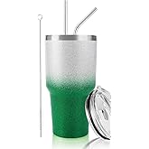 D·S 30 oz Tumbler Christmas Green Glitter Gradient Cup Stainless Steel Double Wall Vacuum Insulated Mug with Straw and Lid, Cleaning Brush for Cold and Hot Beverages