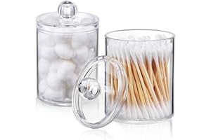 2 Pack Holder Dispenser for Cotton Ball with Lids,10 oz Clear PVC Apothecary Jar Containers for Vanity Makeup Organizer Stora