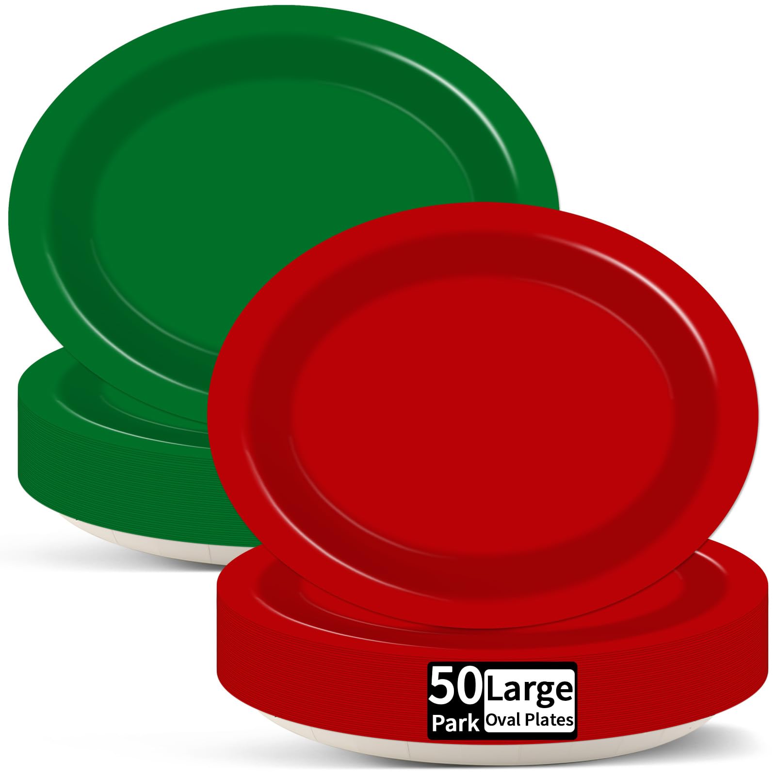 Photo 1 of 50PCS Christmas Oval Paper Plates Bulk Large 11In Disposable Christmas Red&Green Oval Paper Plate Heavy Duty Dish Tray for Xmas Winter Holiday Birthday Party Supplies Family BBQ Gathering Dinner Decor
