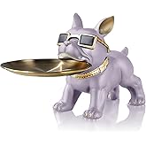 Huhote Bulldog Tray Statue,Small Modern French Bulldog Candy Dish Key Holder Bowl, French Bulldog Accessories, Statues for Office Desk Home Decor Figurines Entryway Table Decor (Purple Grey)