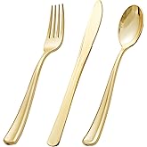 bUCLA 600 Pieces Gold Plastic Silverware - Disposable Gold Utensils - Heavy Duty Plastic Cutlery set- 200 Forks, 200 Spoons, 200 Knives for Party & Wedding