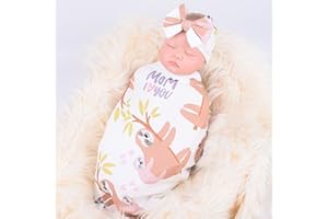 QTECLOR Newborn Receiving Blanket Headband Set - Unisex Soft Baby Swaddle Girl Boy Gifts (Blanket-Sloth)