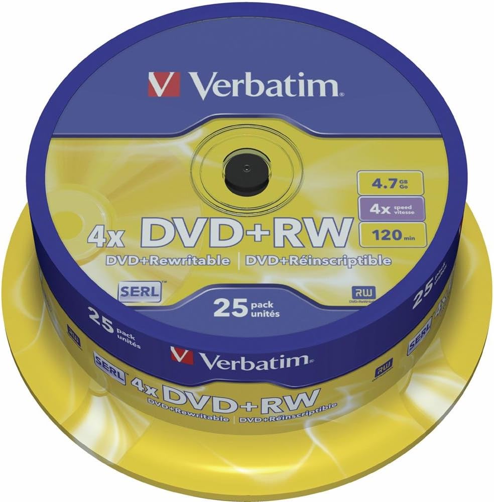 Verbatim 43489 DVD+RW 4.7GB 4x Matt Silver Recordable Media - 25 Pack Spindle