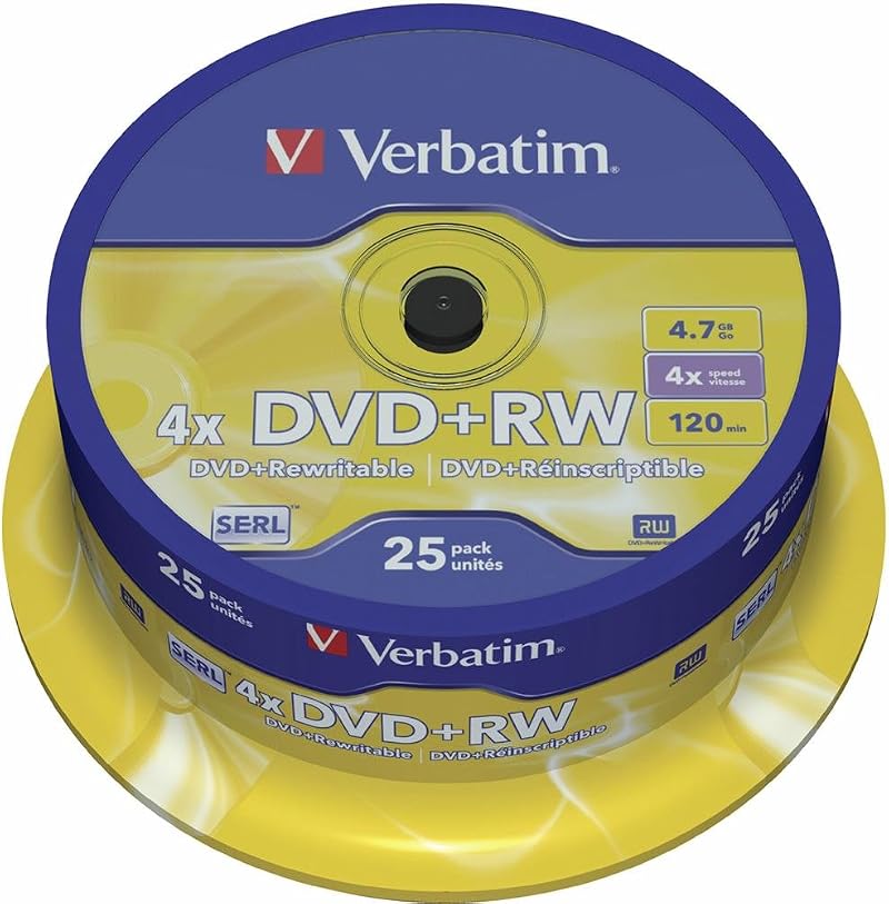 Verbatim 43489 DVD+RW 4.7GB 4x Matt Silver Recordable Media - 25 Pack Spindle