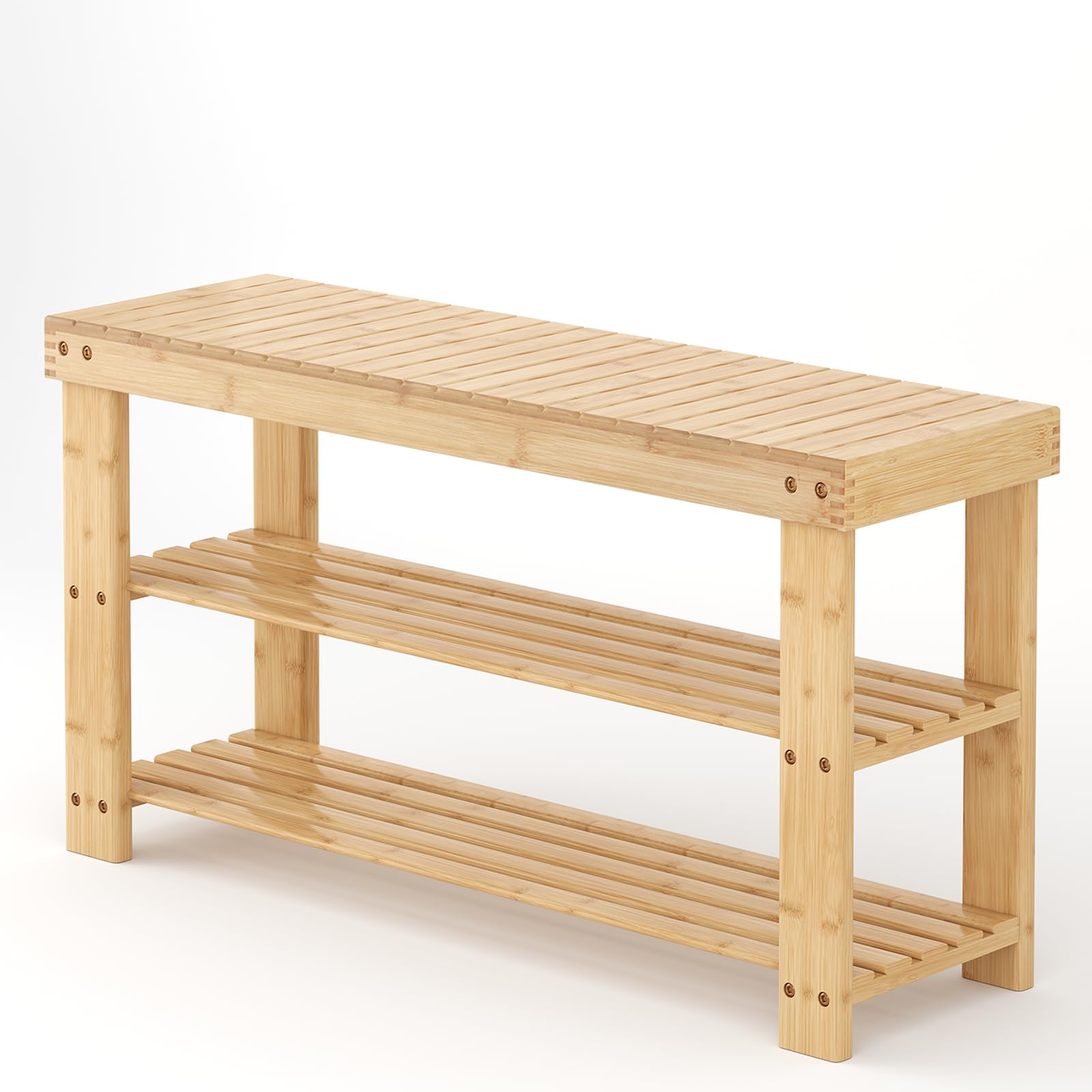 Sweetcrispy Shoe Rack Bench, 3-Tier Bamboo Entryway Storage Organizer, 286lb Capacity, Shoes Stand for FrontDoor Entrance, Bedroom, Living Room, Bathroom, Balcony, 35 Inches Length, Wood Image