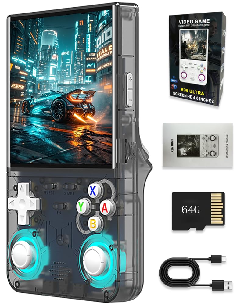 New R36 Ultra Handheld Game Console, 4" IPS Screen Portable Video Game Console , Built in 64G Card & 20000 Games, Linux System Support WiFi Bluetooth (Black,64G)