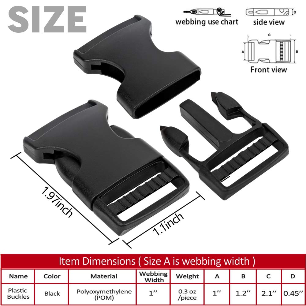 YGDZ 1 Inch Buckles, 30 Pack Plastic Quick Release Parachute Buckles for Backpack Strap Webbing Belt, Black