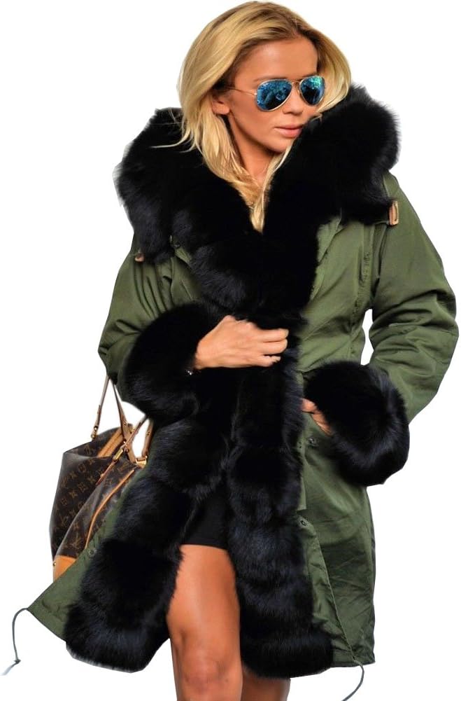 Aofur New Ladies Parka Jacket Women Cotton Casual Trench Fur Collar Hooded Jacket Parka Coat Size 8-20