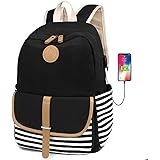 FLYMEI Canvas Backpack for Teen Girls, Lightweight Cute School Backpack 15.6'' Laptop Backpack with USB Charging Port, Casual