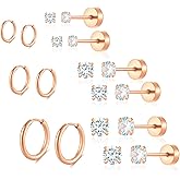 316L Surgical Stainless Steel Rose Gold Hoop Earrings Flat Back Stud Earrings Set Huggie Hypoallergenic Earrings Hoop Cartilage Helix Lobes Hinged Sleeper Earrings For Men Women