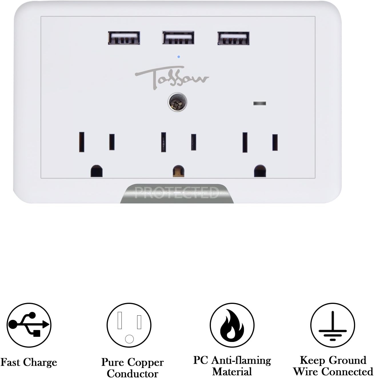 TOSSOW Multi Wall Outlet, 3-Outlet Socket Wall Mount Surge Protector with 3 USB Charging Ports (2.4A/Port, 3.1A Total) Wall Charger