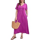 LARACE Womens Plus Size Short Sleeve Dresses Casual V Neck Button Up Pleated Flowy Long Maxi Dress with Pockets L-6XL