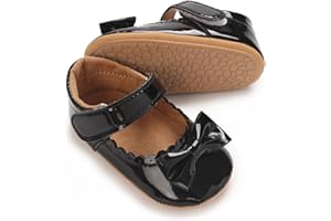 Clowora Infant Toddler Baby Girl Dress Shoes Mary Jane First Walking PU Leather Princess Wedding Rubber Sole Non-Slip with Bowknot Floral Flats