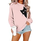 FRYAID Cat Sweatshirt Women Funny Black Cat Graphic Sweater Casual Cat Crewneck Holiday Long Sleeve Hoodie Pullover Top