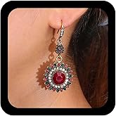 YienDoo Boho Sun Earrings Vintage Round Red/Black Crystal Sunflowers Dangle Earrings Unique Mexico Gypsy Drop Earring Statement Geometric Round Colorful Earring Tribal Ethnic Jewelry for Women